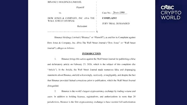 Binance Sues The Wall Street Journal Over Alleged Defamation discussed in the video